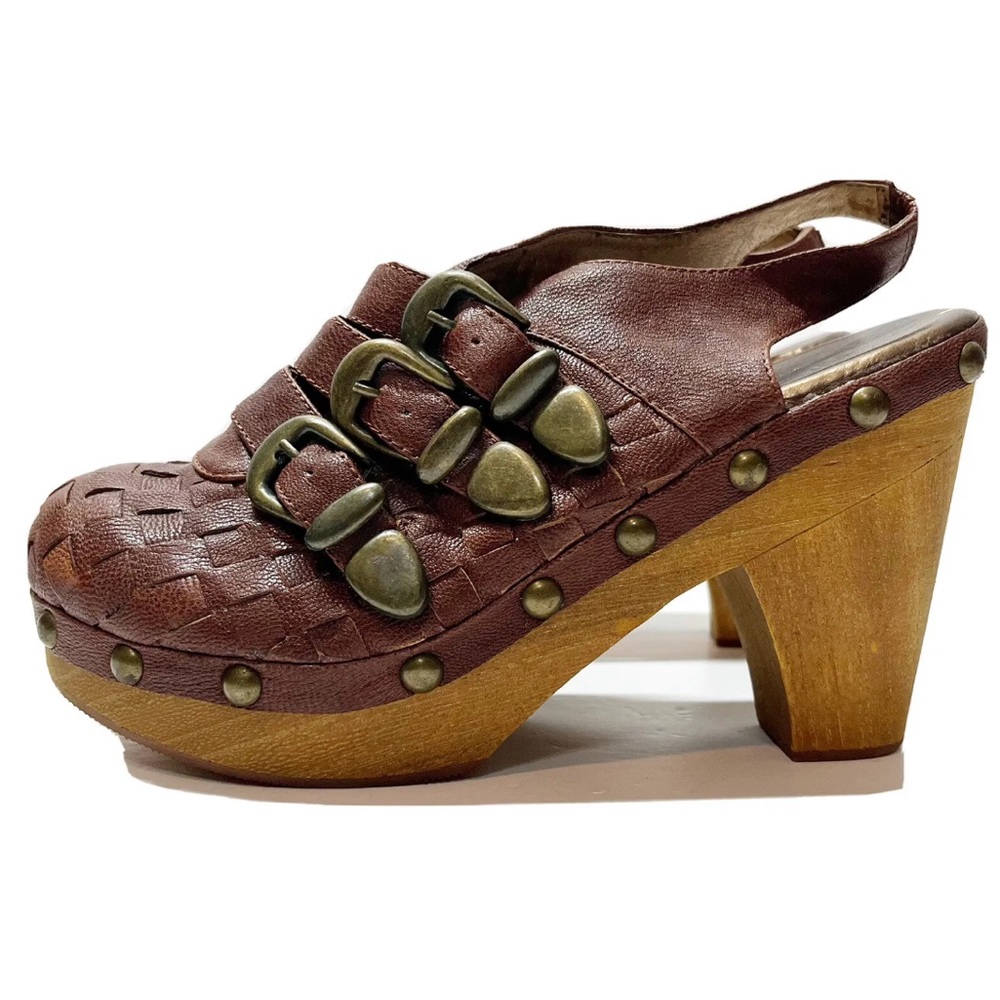 Woodies By Jeffrey Campbell Brown Woven Leather Wood Platform Clogs Size 8
